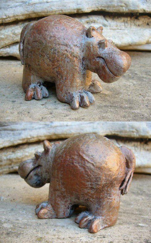 Hippopotame Hippopotamus Sculpture terre cuite céramique patine cuivrée