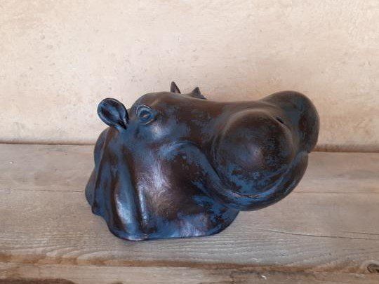 Hippopotame Hippopotamus Sculpture terre cuite  céramique  patine bronze  bleue