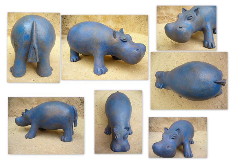 Hippopotame Hippopotamus Sculpture terre cuite céramique grès patine bronze bleu