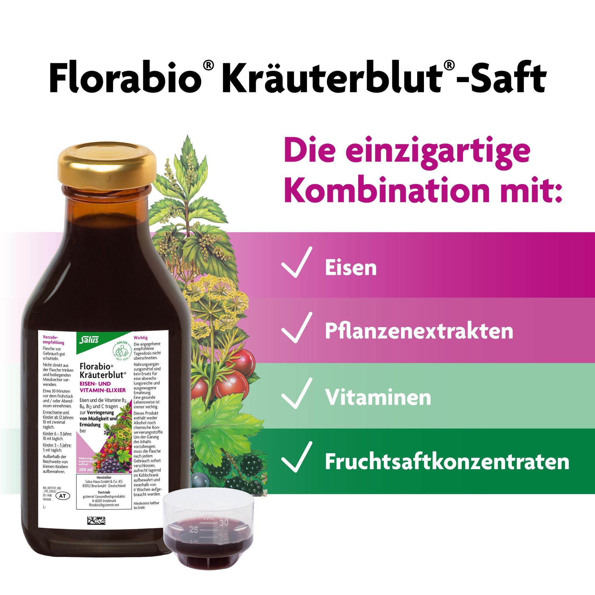 die einzigartige kombination mit: eisen, pflanzenextrakten, vitaminen, fruchtsaftkonzentraten