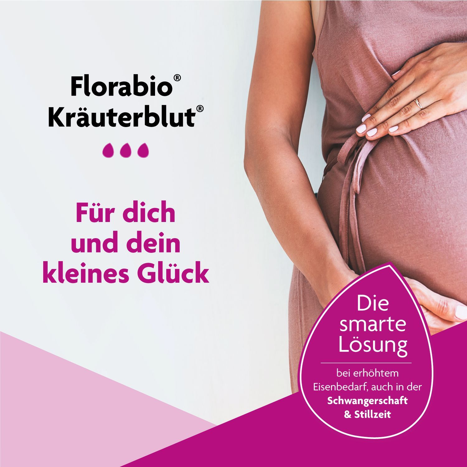schwangere frau hält babybauch in ihren händen. slogan: für dich und dein kleines glück