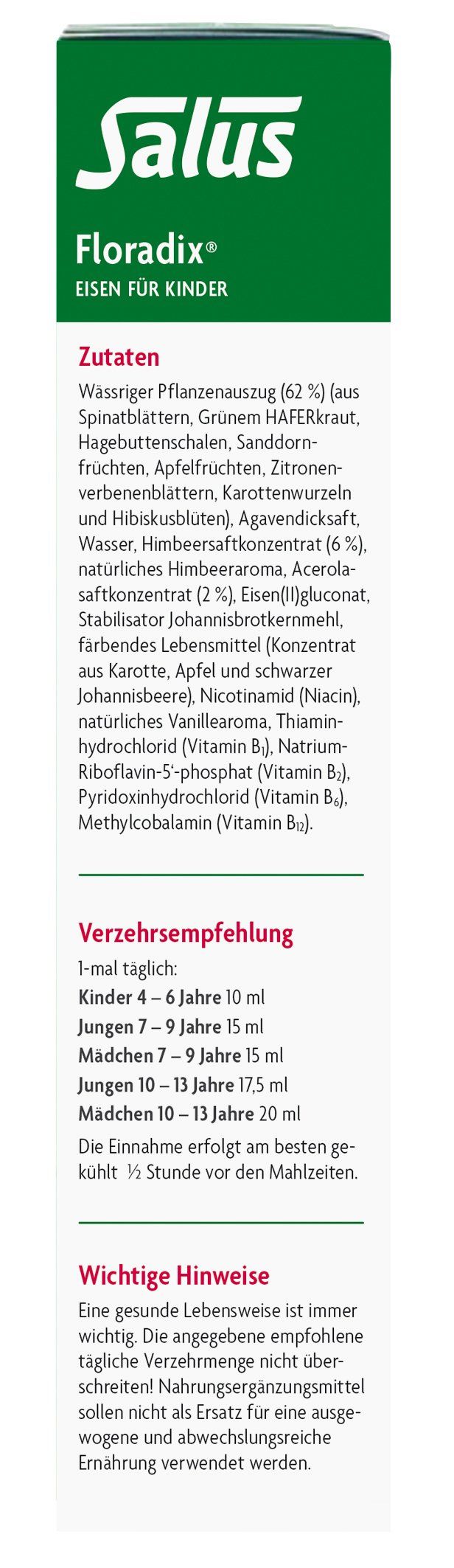 Floradix Eisen für Kinder Packung seitliche Beschreibung mit Inhaltsstoffen