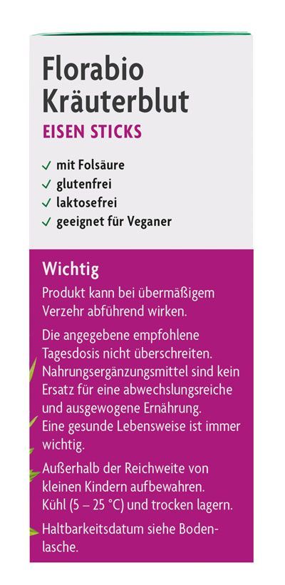 Florabio Kräuterblut Eisen Sticks Packung seitlich mit wichtigen Hinweisen