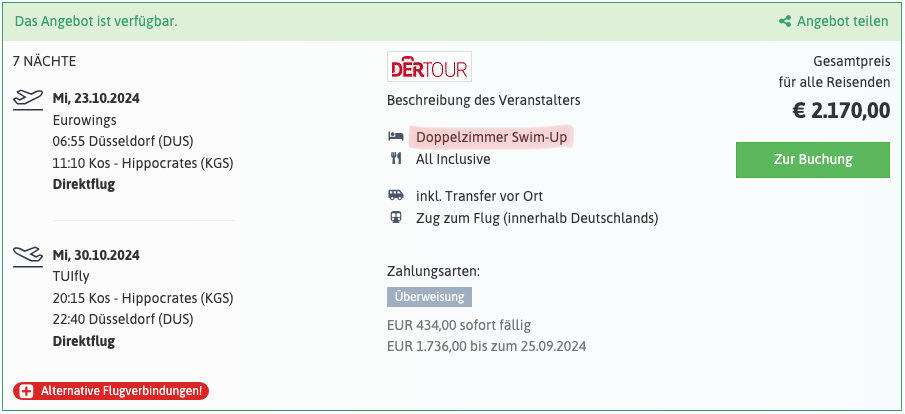 Urlaubs Deal mit Swim Up Zimmer Sentido Pearl Beach