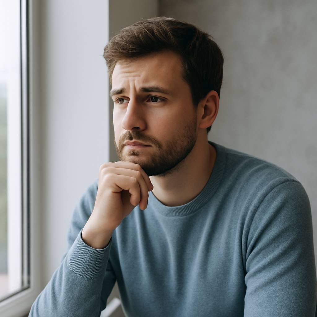 Nachdenklicher Mann am Fenster – Symbolbild für persönliche Veränderung und Coaching