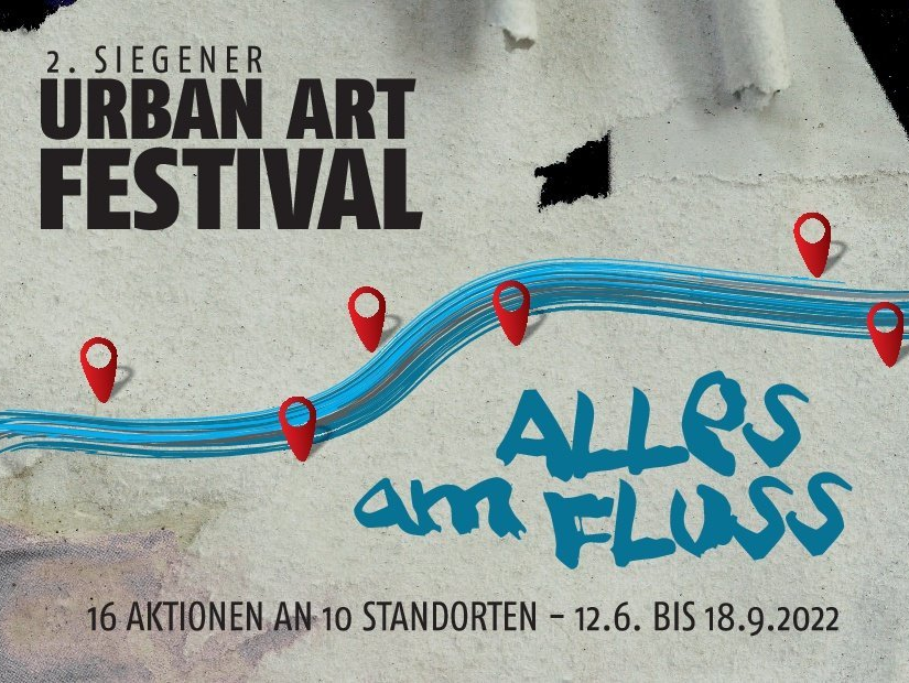 Auf dem Flyer ist die schematisch der Fluss Sieg mit Ortsmarkierungen dargestellt.
