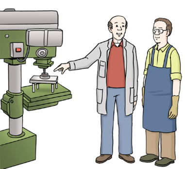 Grafik: Zwei Männer in Arbeitskleidung stehen neben einer Maschine.
