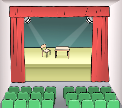 Grafische Darstellung einer Bühne, auf der ein Tisch und ein Stuhl stehen, die Bühne wird von einem roten Vorhang gerahmt. Im Vordergrund sind die Zuschauerreihen.