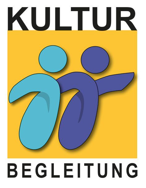 Piktogramm Kulturbegleitung. Zwei grafisch stilisierte Personen in blau und in türkiser Farbe, die Arme des einen berühren die Person dahinter. Auf orangefarbenen Hintergrund. Darüber Schrift Kultur und darunter Begleitung.