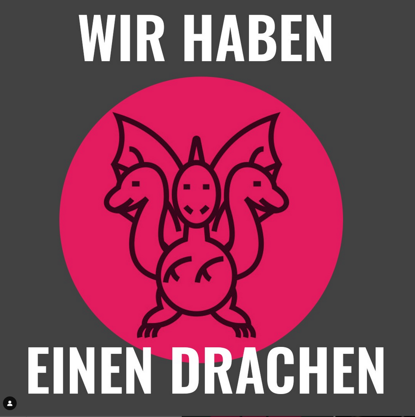 Stilisierter Drache in rotem Kreis mit Logo des Bruchwerk Theaters (stilisierter Totenkopf mit roter Kappe). Schrift: Held*innen gesucht. Werkstattprojekt Der Drache