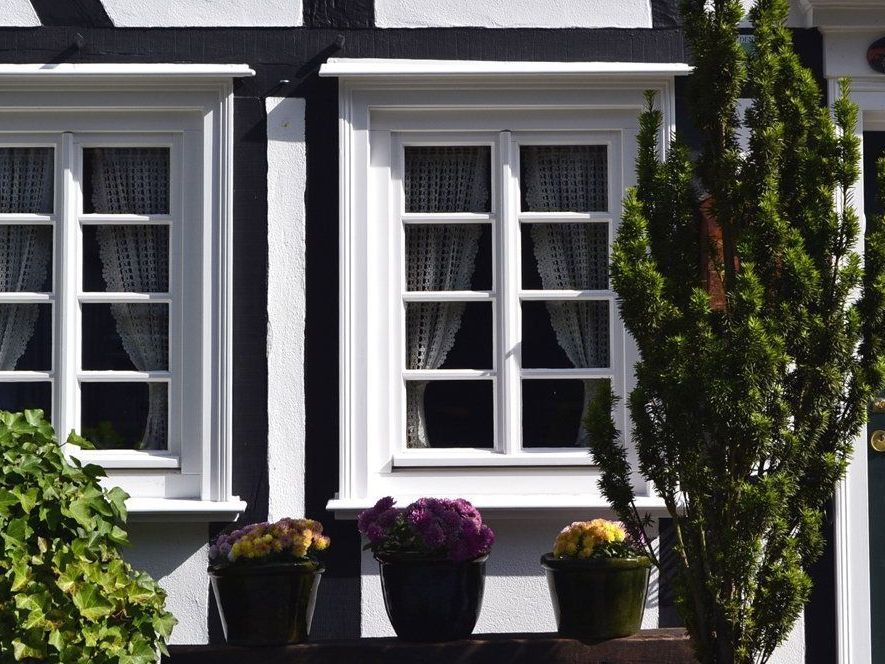 Zwei Sprossenfenster eines Fachwerkhaus sind als Detailausschnitt zu sehen. Davor Blumentöpfe mit Blumen, Efeu und Bäume. Das Sonnenlicht lässt Schattenentstehen.