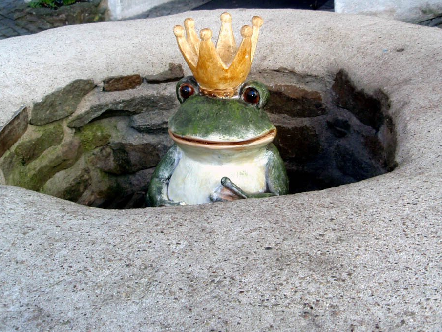 Der Froschkönig aus Steingut schaut aus einem Brunnenloch heraus.