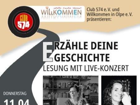 Ausschnitt des Plakates mit dem TItel Erzähle Deine Geschichte. Lesung mit Live-Konzert. 11.04. um 20 Uhr. Darunter zwei Foto. eine Frau mit Saxophon auf einem Sessel, eine junge Frau mit Gitarre.