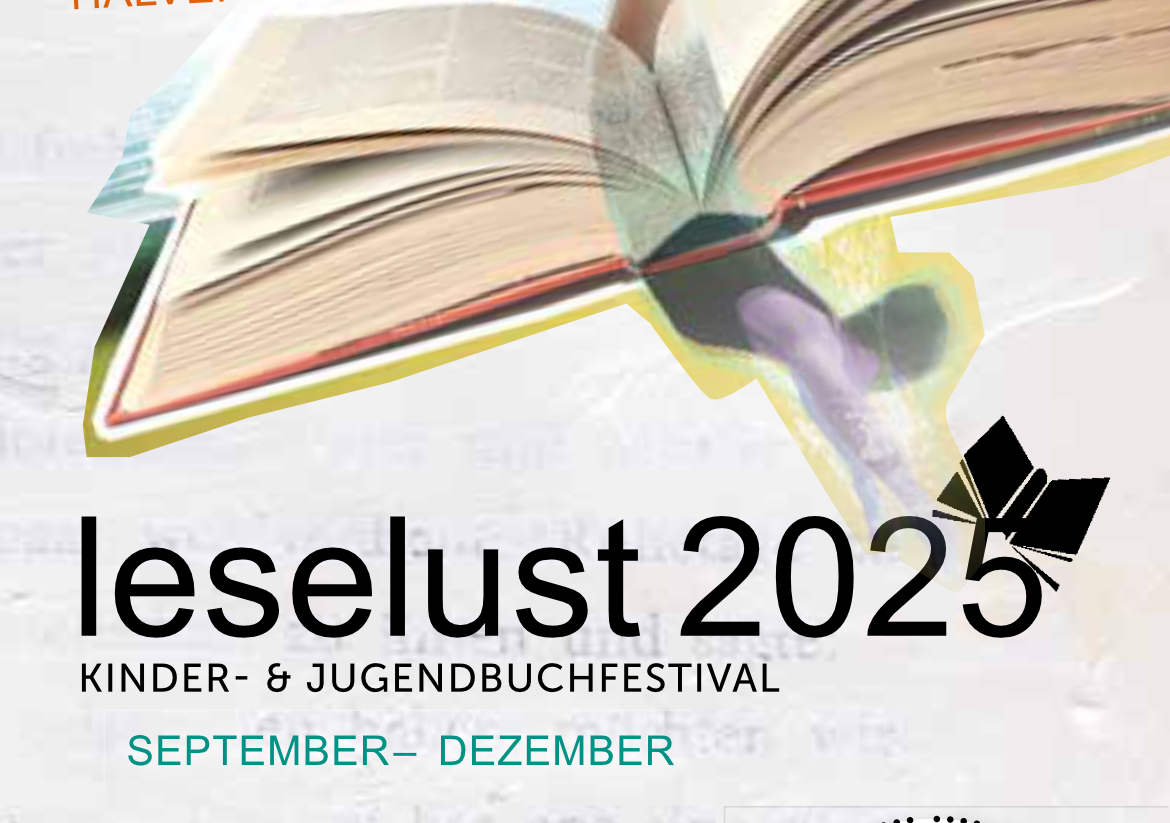 Ausschnitt aus Titel der LeseLust Broschüre: Titel Leselust2025 und im Anschnitt ein aufgeklapptes Buch.