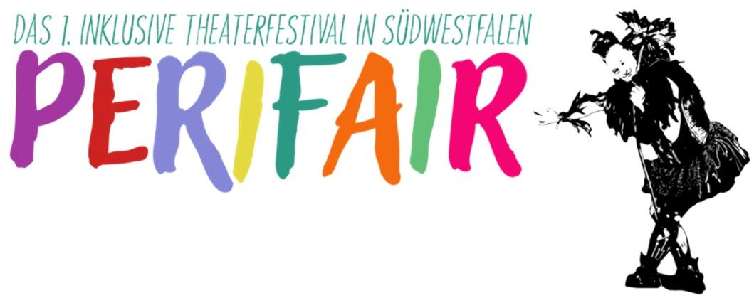 Logo 1. Inklusives Theaterfestival in Südwestfalen Perifari in farbigen Buchstaben. Daneben eine in schwarz gehalten Darstellerfigur.