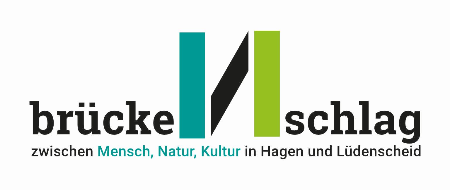 Logo Brückenschlag: Schriftzug Brückenschlag mit dem N als Brücke stilisiert. Zusatz: zwischen Mensch, Natur, Kultur in Hagen und Lüdenscheid