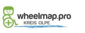 Logo Wheelmap.pro mit Zusatz Kreis Olpe. Das Logo besteht aus einem stilisierten rollstuhlfahrenden Menschen