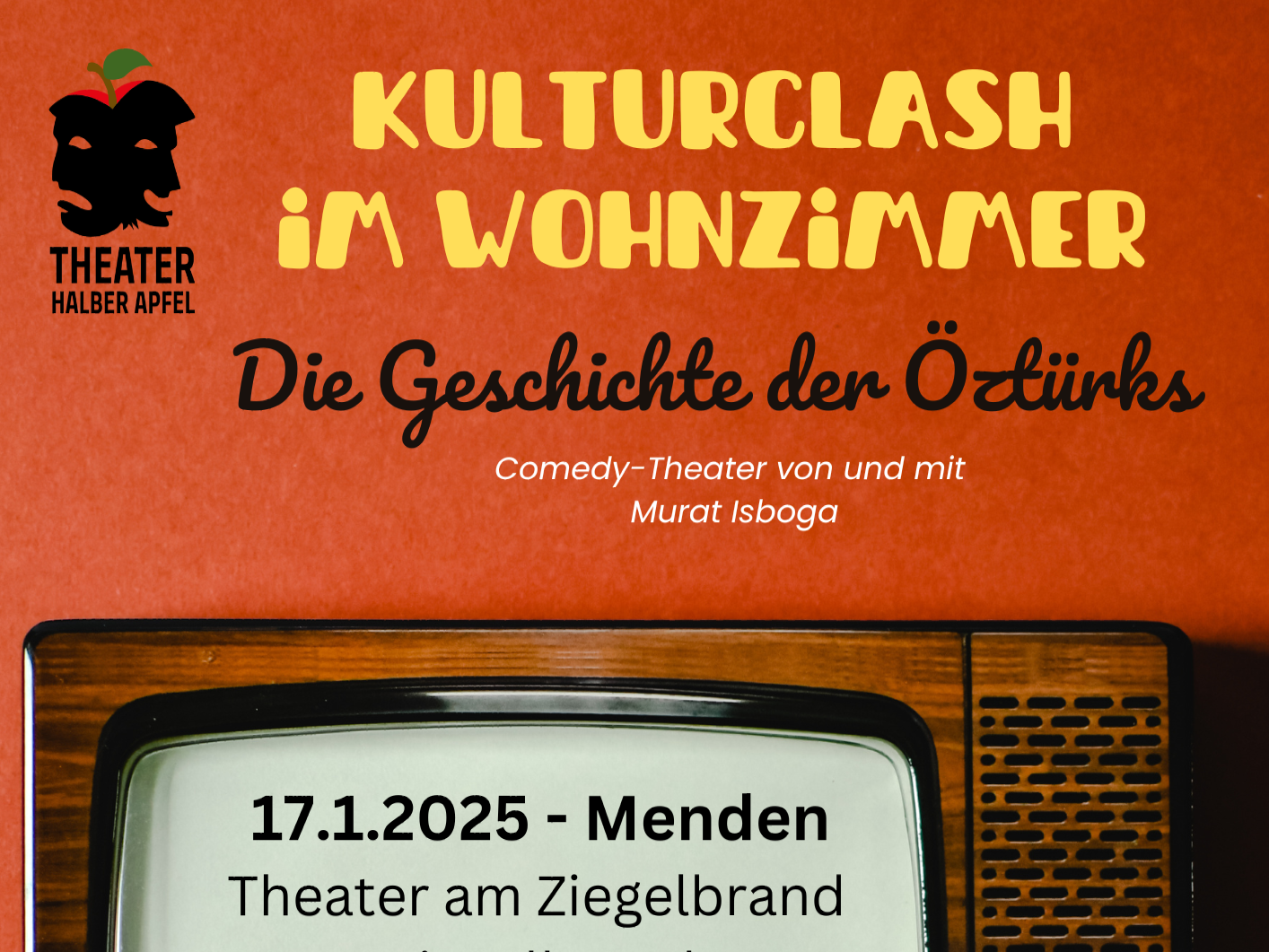 Oberer Teil des Plakat des Theaterstückes mit Logo Theater Halber Apfel und Titel Kulturclash im Wohnzimmer. Die Geschichte der Öztürks.