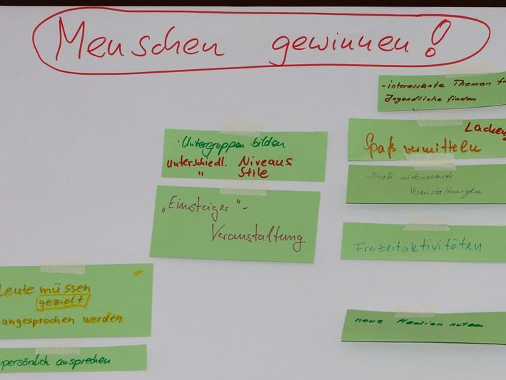 Flipchart mit Karteikarten zum Thema Menschen gewinnen.