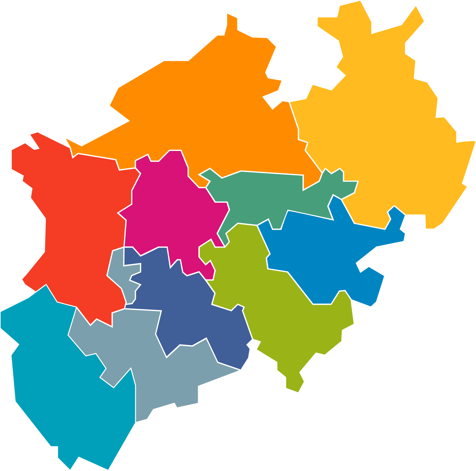 Bunte NRW-Karte. Die zehn Kulturregionen sind hier jeweils in ihrer Leitfarbe eingefärbt. Der Kulturregion Südwestfalen ist ein sattes Grün zugewiesen.