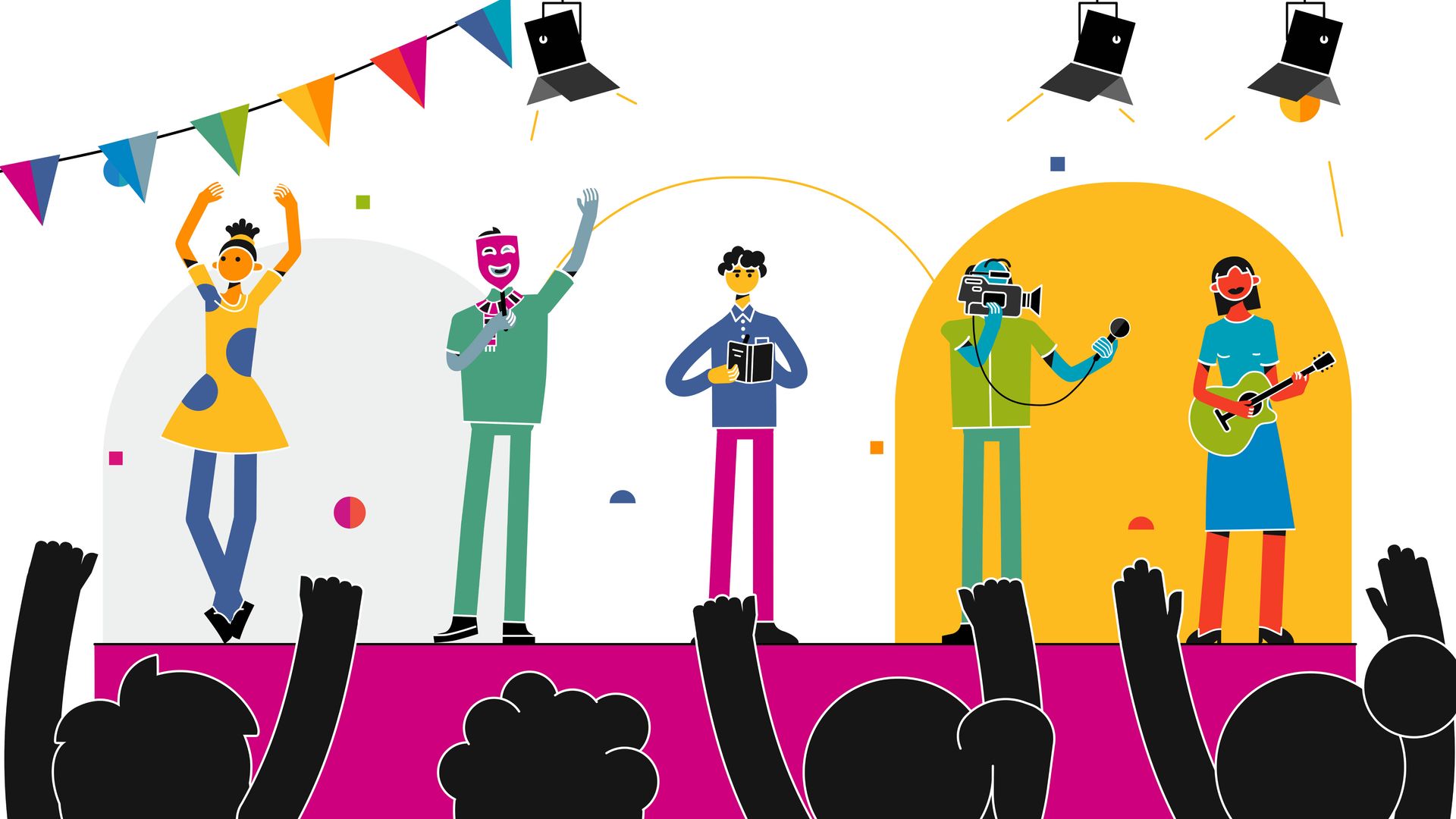 Grafische Darstellung von Künstler:innen auf einer Bühne: ein Tänzerin, ein Schauspieler mit Maske, ein Autor, der aus einem Buch liest, ein Kameramann und eine gitarrenspielende Sängerin. Die Figuren sind farbenfroh dargestellt. Davor sieht man in schwarz gehalten vier jubelnde Zuschauer.
