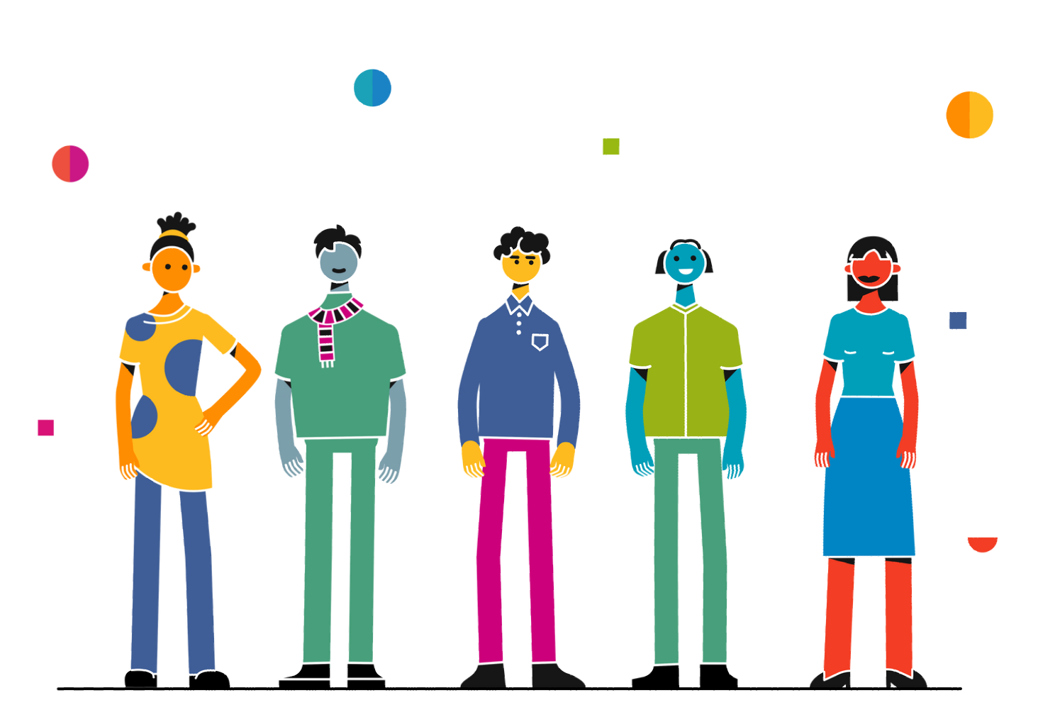 Grafische Darstellung von fünf unterschiedlichen Menschen, die nebeneinander stehen. Alle sehen unterschiedlich aus, haben verschiedene Farben und sind verschieden gekleidet.