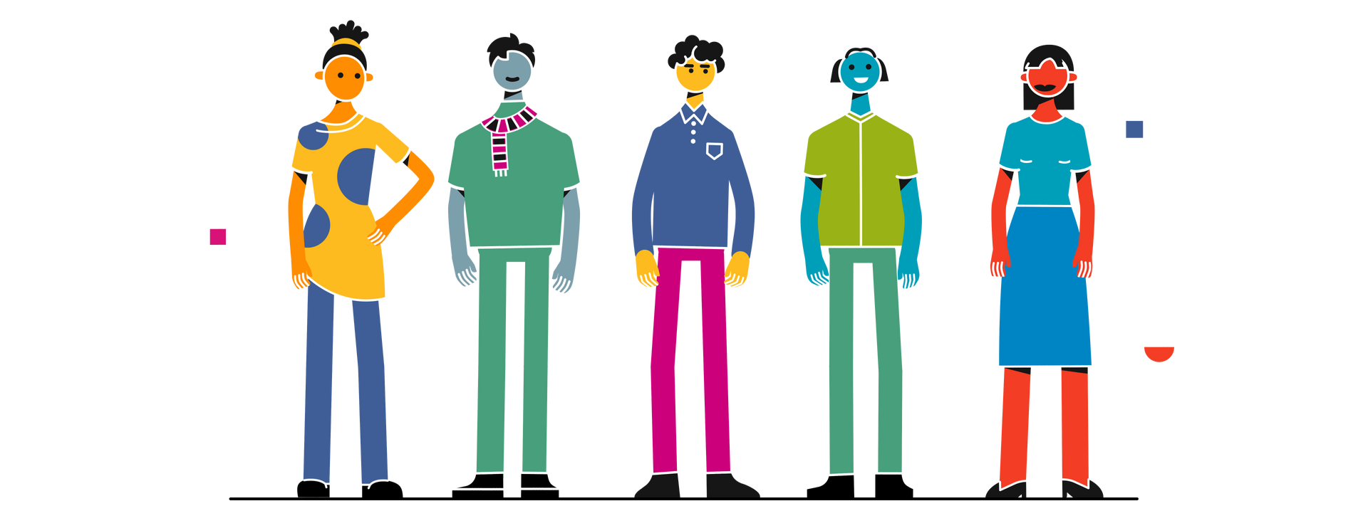 Grafische Darstellung von fünf unterschiedlichen Menschen, die nebeneinander stehen. Alle sehen unterschiedlich aus, haben verschiedene Farben und sind verschieden gekleidet.