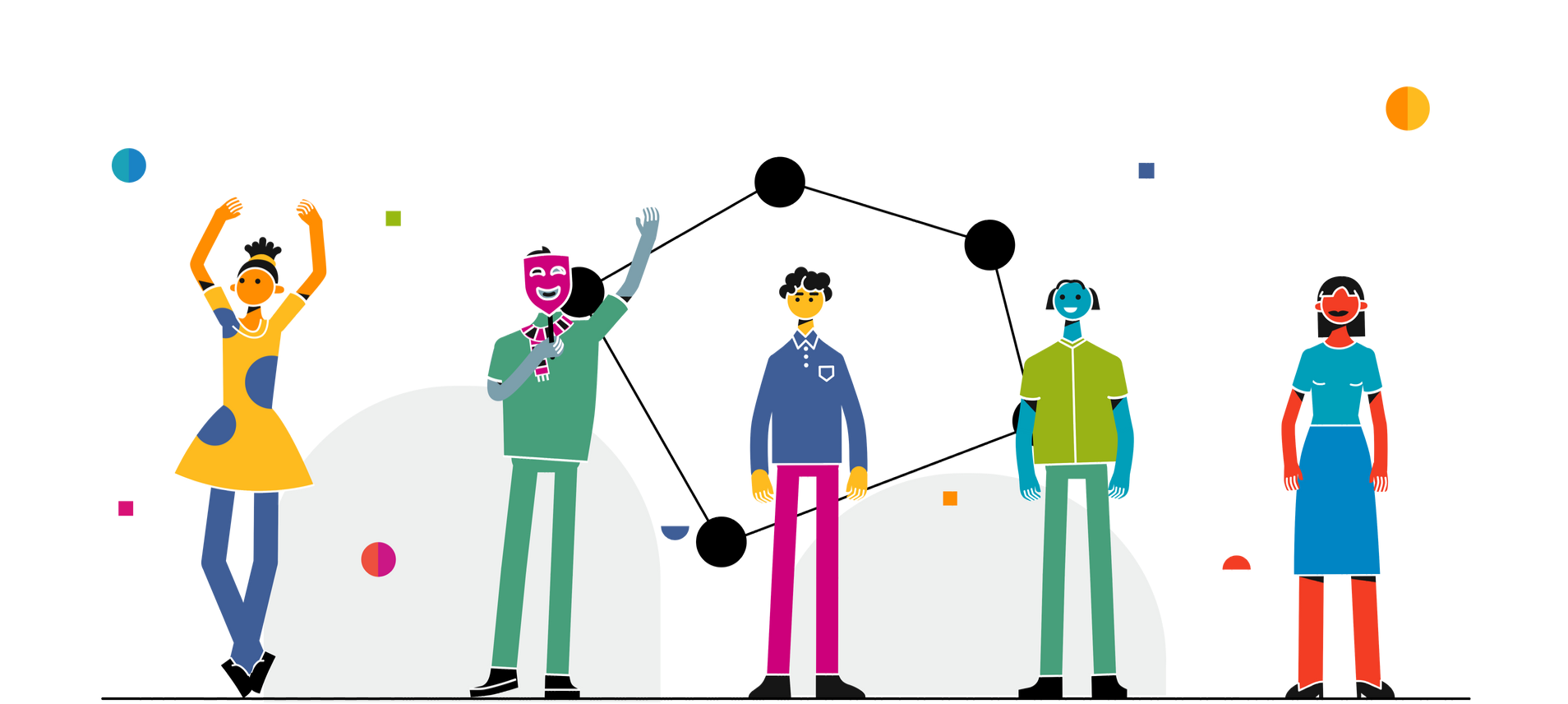 Grafische Darstellung von Menschen in verschiedenen Farben, die über ein angedeutetes Netzwerk miteinander verbunden sind.
