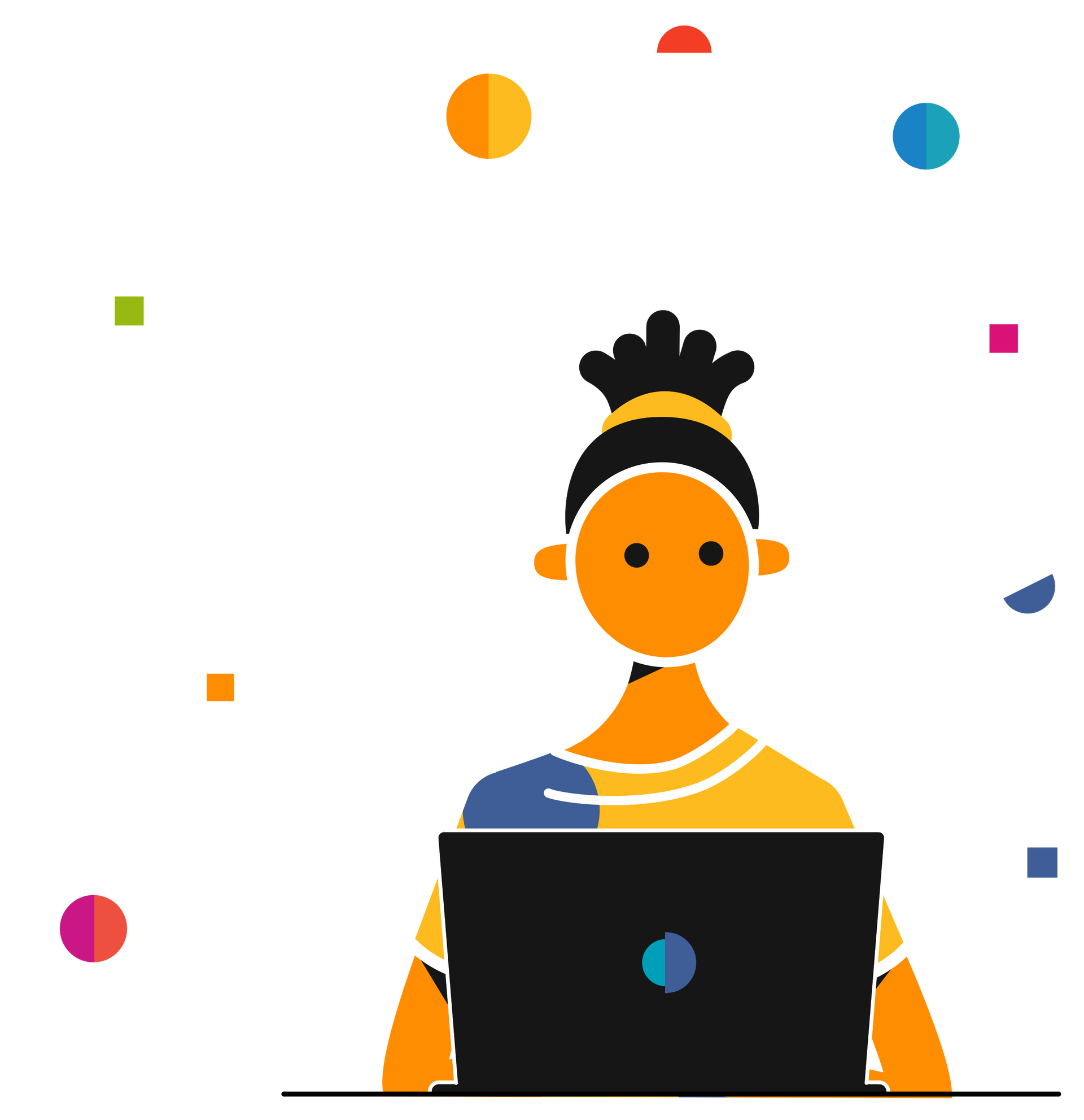 Bunte Grafik einer Frau, die an einem ausgeklappten Laptop sitzt.