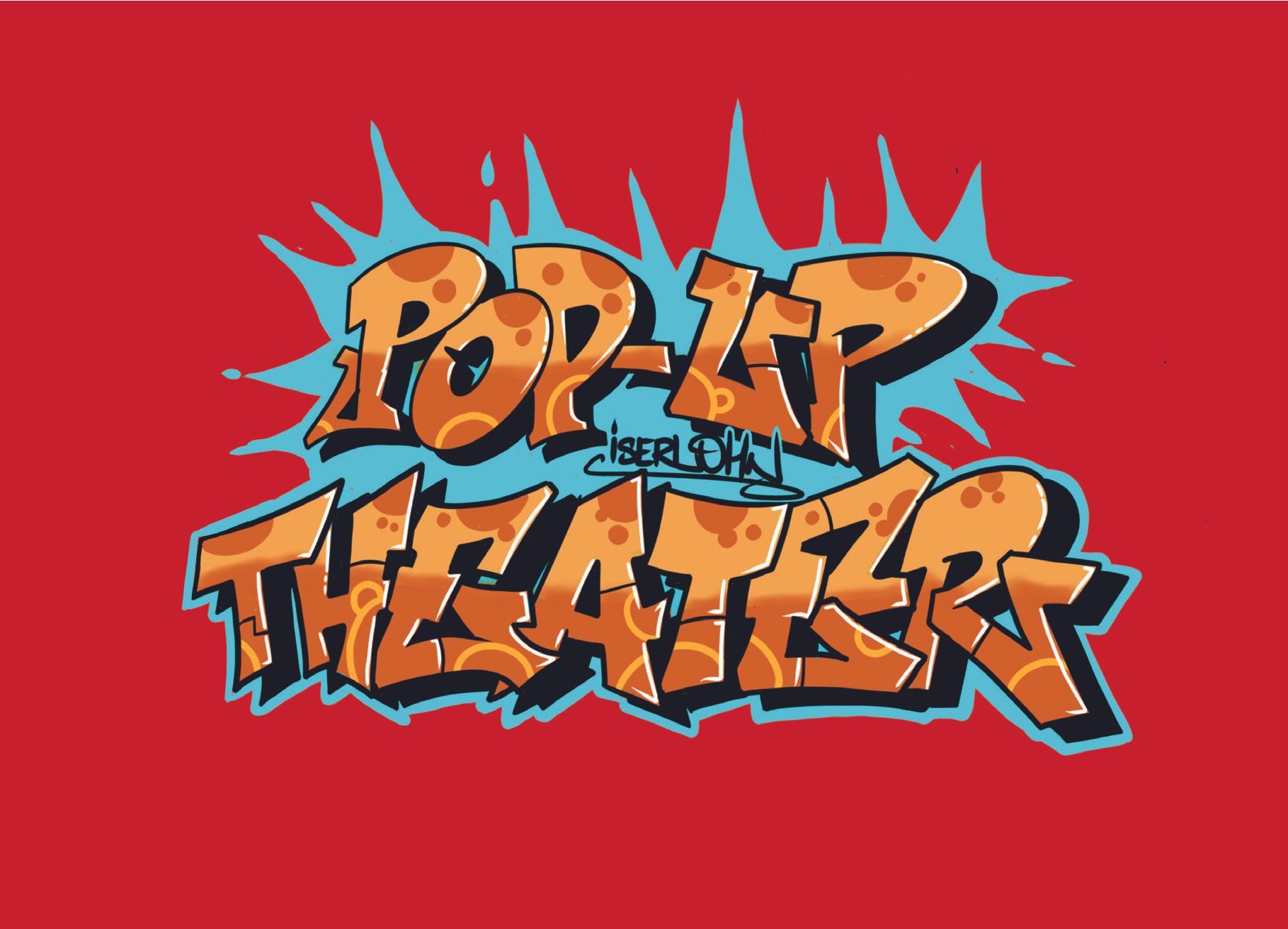 Orangefarbiger Schriftzug Pop-Up Theater auf rotem Grund.