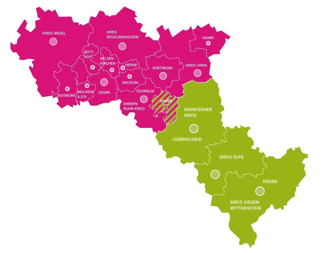 Schematische Karte mit den Kulturregionen Ruhrgebiet und Südwestfalen: Ruhrgebiet in pink, Südwestfalen in grün.