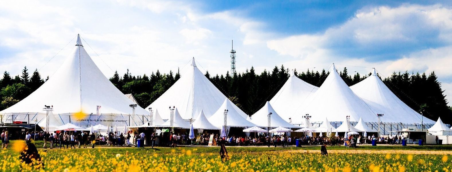 KulturPur-Zeltstadt: Fünf große und mehrer kleine weiße Zelte mit spitzen Dächern auf einer Wiese. Die Wiese ist übersät mit gelben Löwenzahnblumen.