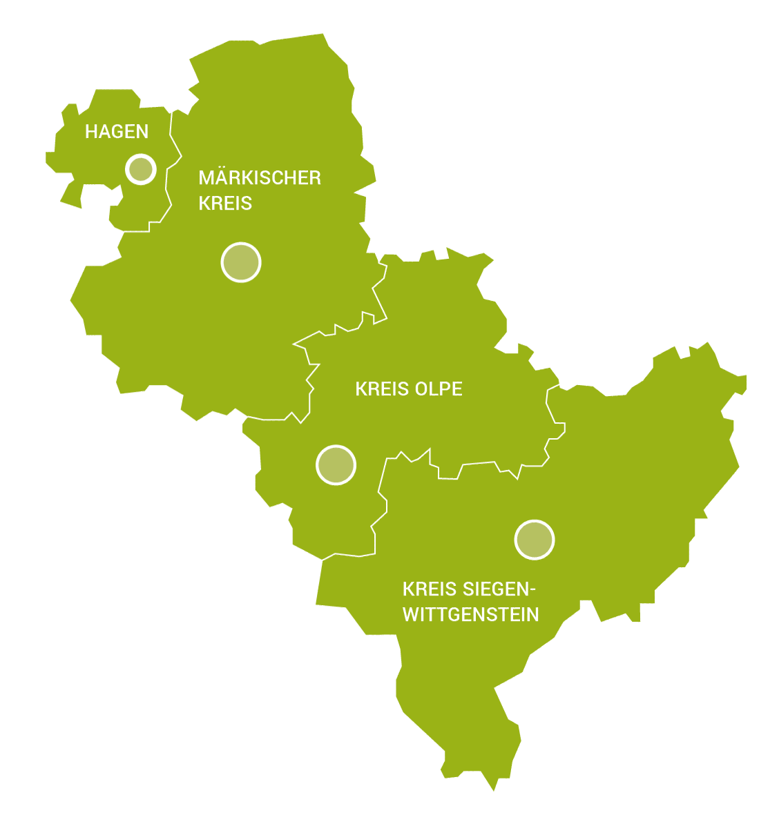 Schematische Karte der Kulturregion Südwestfalen in grün mit den Kreisen Siegen-Wittgenstein, Olpe, Märkischer Kreis und der Stadt Hagen.