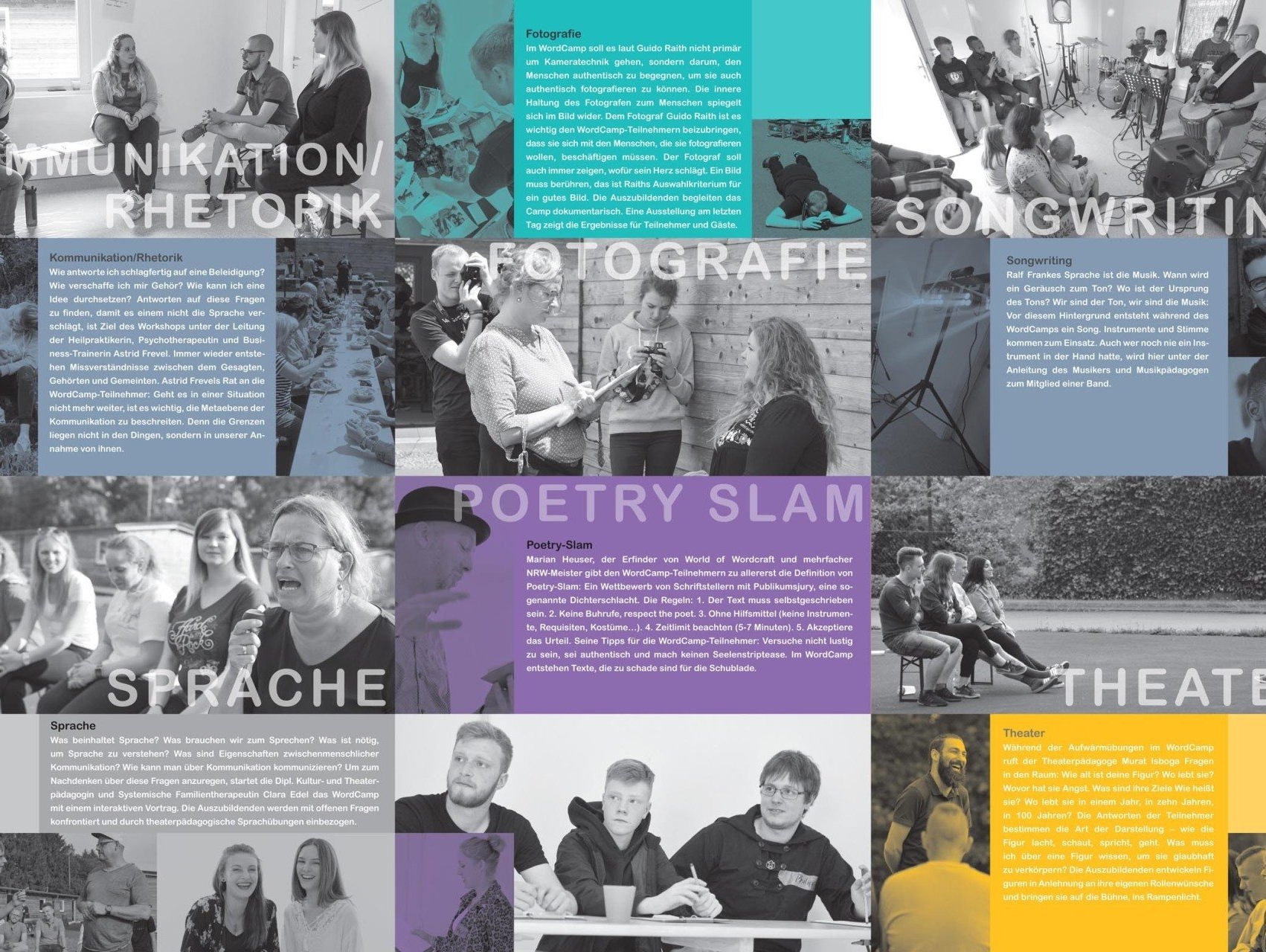 Bild-Schrift Kollage zu den einzelnen Wordcamp-Aktionen wie Kommunikation, Fotografie, Songwriting, Sprache, Theater