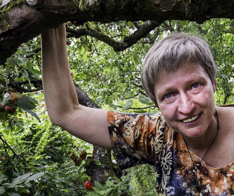 Wiltrud Köser-Klöckner sitzt in einem Apfelbaum und hält sich mit der rechten Hand an einem Ast fest.