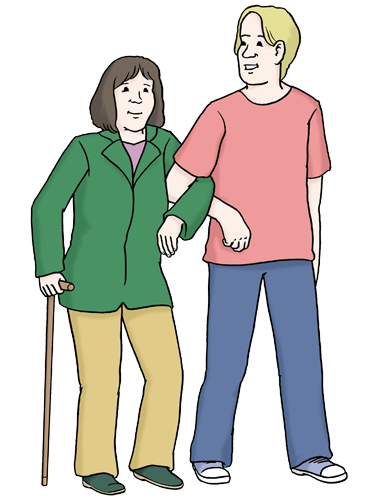 Farbige Zeichnung zweier Menschen, die Frau stützt sich auf einen Stock und hakt sich bei einem Mann unter.
