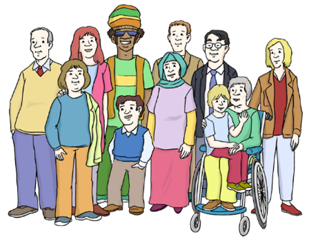 Eine Gruppe mit 10 völlig unterschiedlichen Menschen; alte und junge Menschen, Menschen mit und ohne Behinderung, Menschen aus anderen Ländern.