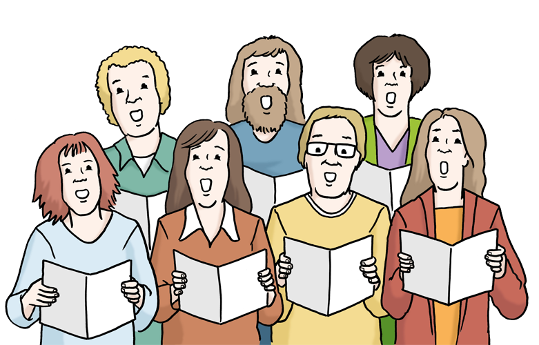 Farbige Zeichnung eines Chores, also sieben Menschen, die Notenblätter in der Hand halten und singen.