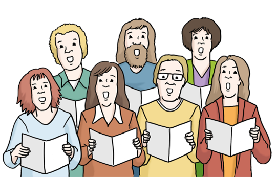 Grafische Darstellung eines Chores: Sieben Menschen stehen in zwei Reihen mit einem Notenblatt in der Hand und singen.