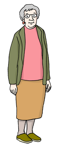 Eine ältere Dame in Hauspantoffeln und grauen Haaren.