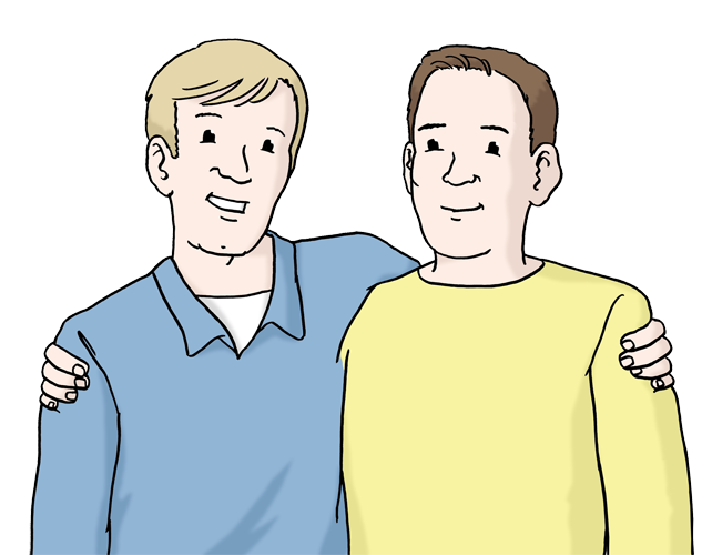 Zwischen Menschen stehen nebeneinander und umarmen sich an den Schultern.