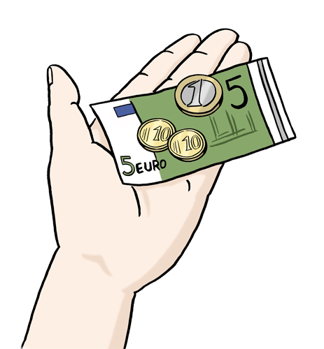 Farbige Zeichnung einer flachen Hand, die Geld hält.