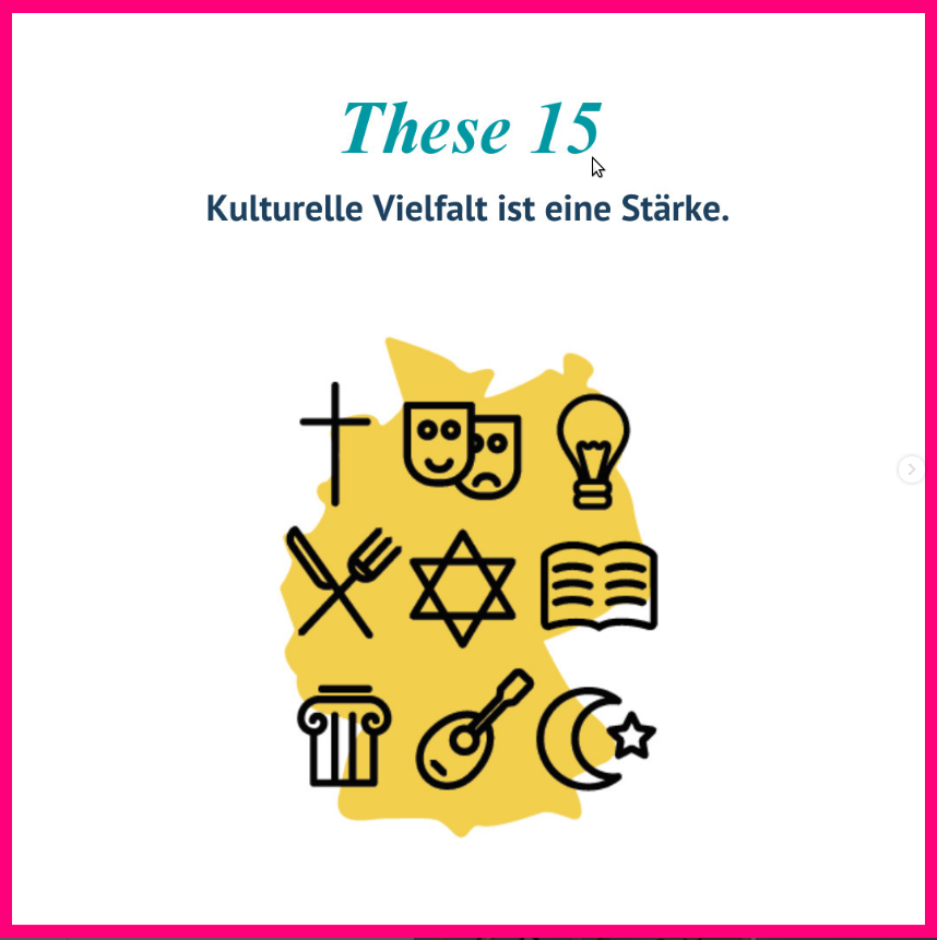 Bild zeigt die These 15: Kulturelle Vielfalt ist eine Stärke. Mit verschiedenen Symbolen.