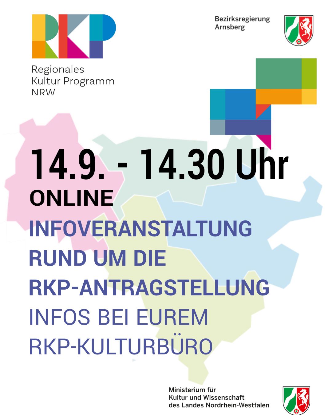 Post mit den Eckdaten zur Veranstaltung, im HIntergrund die Karte der vier Kulturregionen in der Bezirksregierung Arnsberg. Logos RKP, Bezirksregierungm MKW NRW