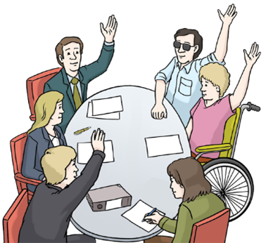 Sechs Menschen mit und ohne Behinderung sitzen rund um einen ovalen Tisch und stimmen per Handzeichen über eine Angelegenheit ab.