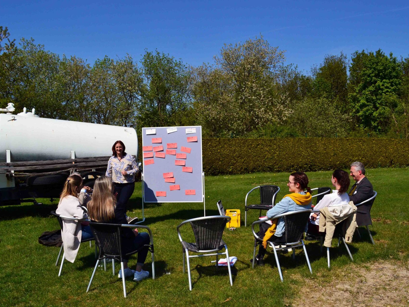 Eine fünfköpfige Arbeitsgruppe sitzt in der Sonne unter blauem Himmel auf einer Wiese um eine Pinnwand, an der beschriftete Zettel angeheftet sind. Die Moderatorin steht neben der Tafel.