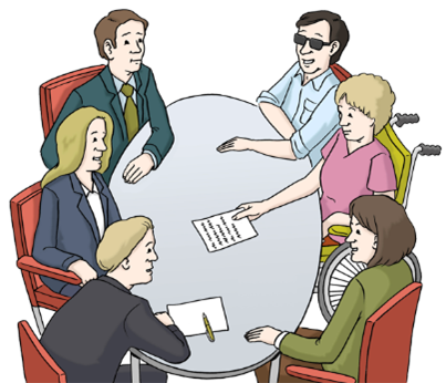 Sechs Menschen mit und ohne Behinderung sitzen rund um einen ovalen Tisch.