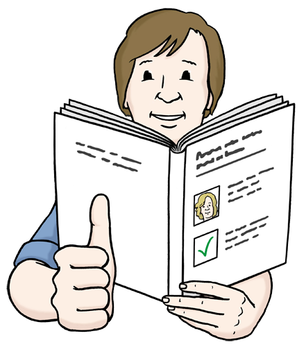 Symbol für Leichte Sprache. Zeichnung: Mensch liest ein Buch und zeigt Daumen hoch.