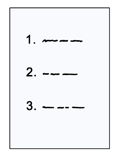 Blatt mit Nummerierung. Erstens, zweitens, drittens