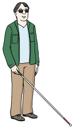 Farbige Zeichung eines blinden Menschens mit dunkler Brille und Taststock.